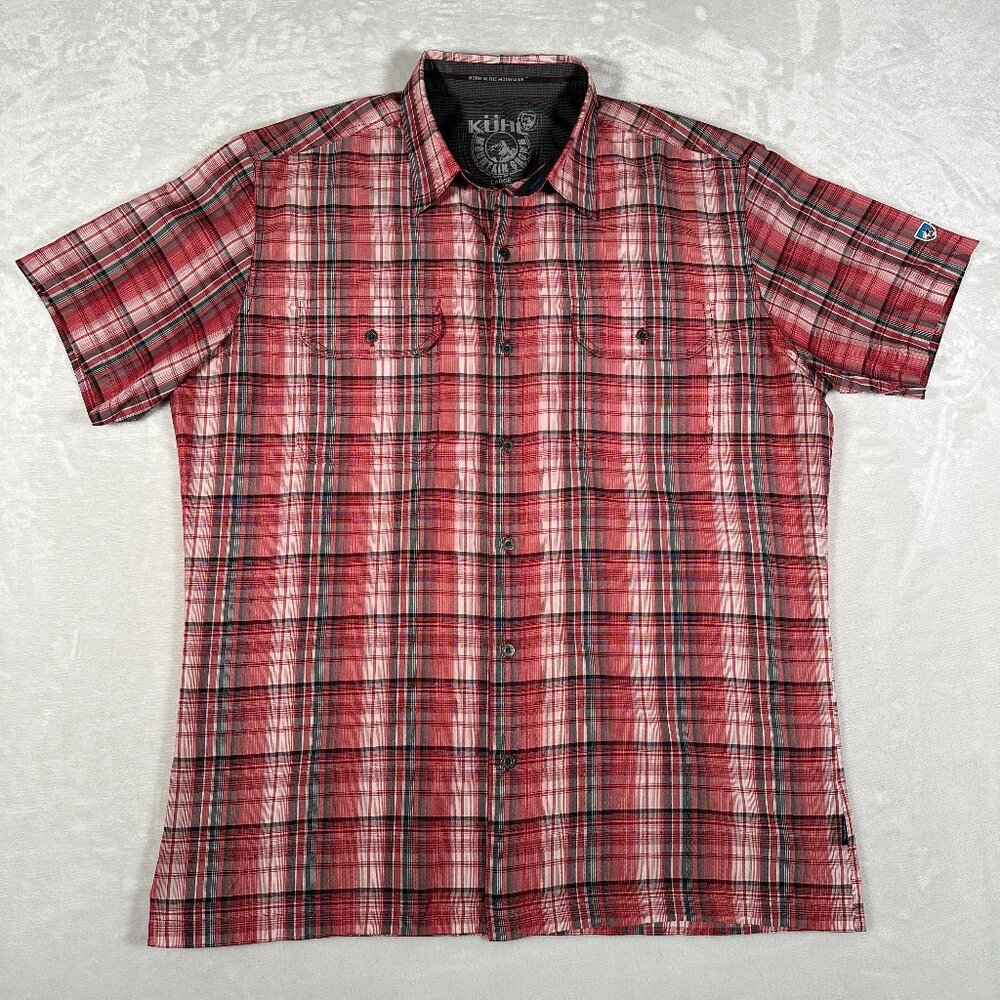 Kuhl Shirt Men Size L Red Plaid Short Sleeve Double Pockets Hiking EUC